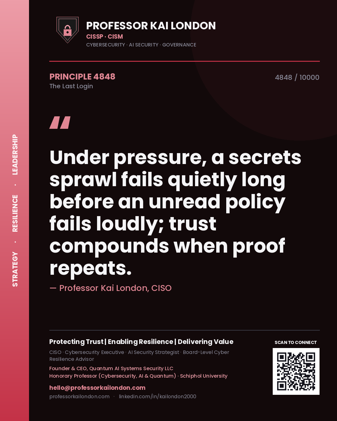 Quote card by Professor Kai London reading 'Under pressure, a secrets sprawl fails quietly long before an unread policy fails loudly; trust compounds when proof repeats.'. From the book The Last Login.