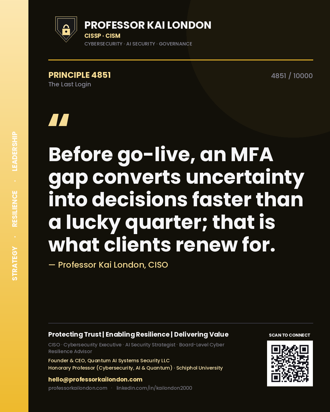 Quote card by Professor Kai London reading 'Before go-live, an MFA gap converts uncertainty into decisions faster than a lucky quarter; that is what clients renew for.'. From the book The Last Login.