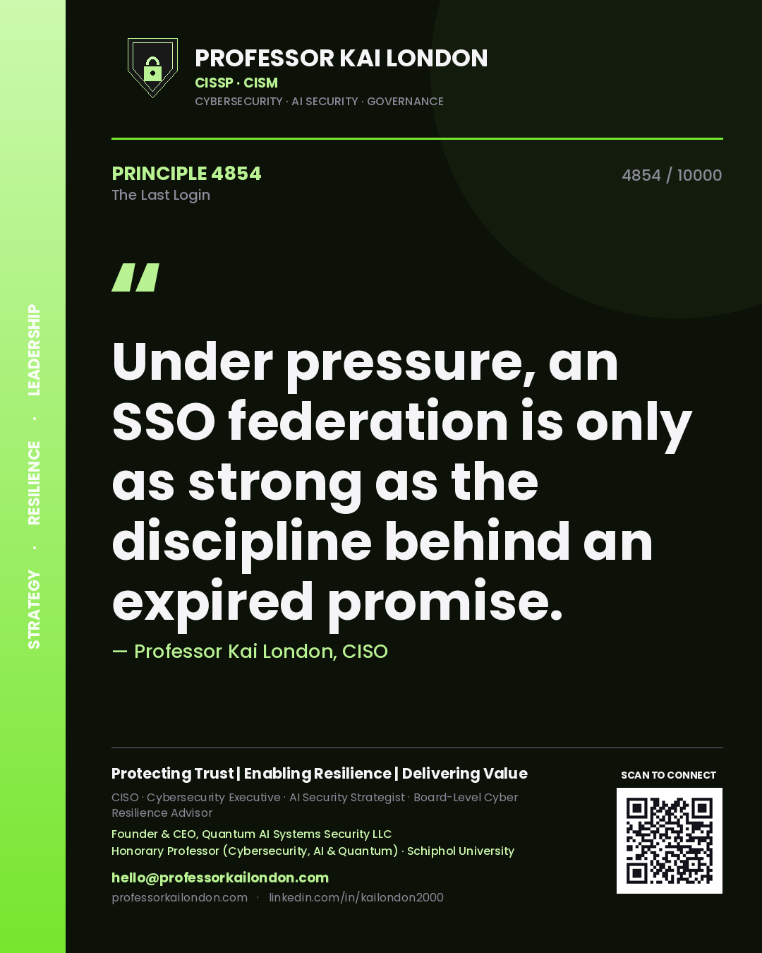 Quote card by Professor Kai London reading 'Under pressure, an SSO federation is only as strong as the discipline behind an expired promise.'. From the book The Last Login.