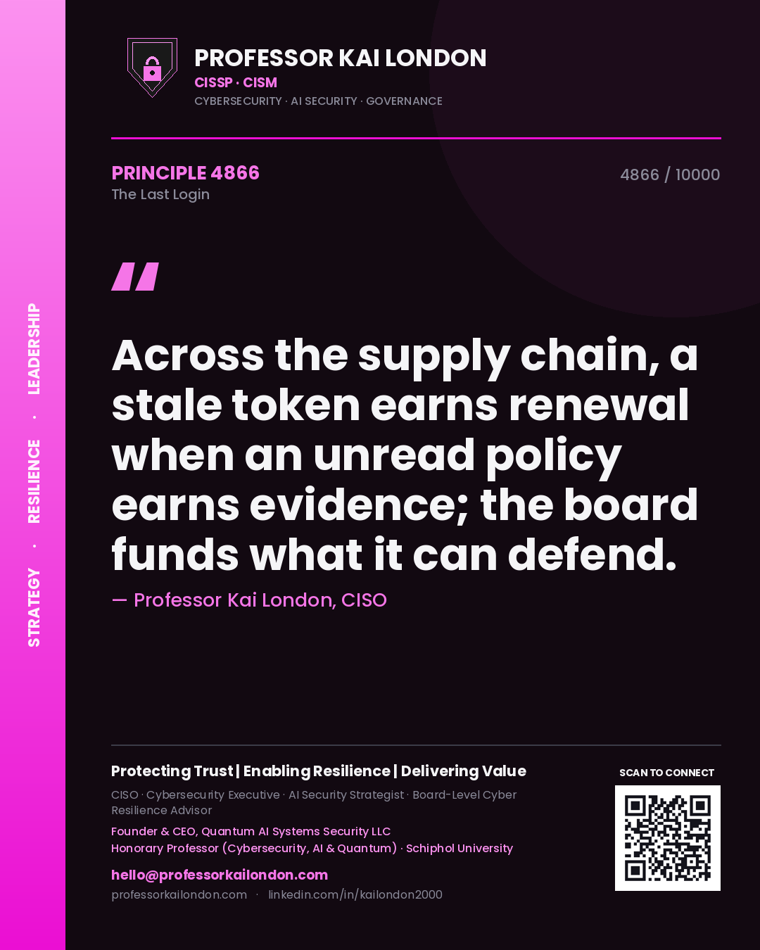 Professor Kai London principle 4866: Across the supply chain, a stale token earns renewal when an unread policy earns evidence; the board funds what it can defend.