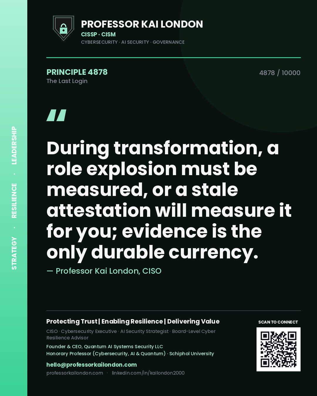 Professor Kai London principle 4878: During transformation, a role explosion must be measured, or a stale attestation will measure it for you; evidence is the only durable currency.