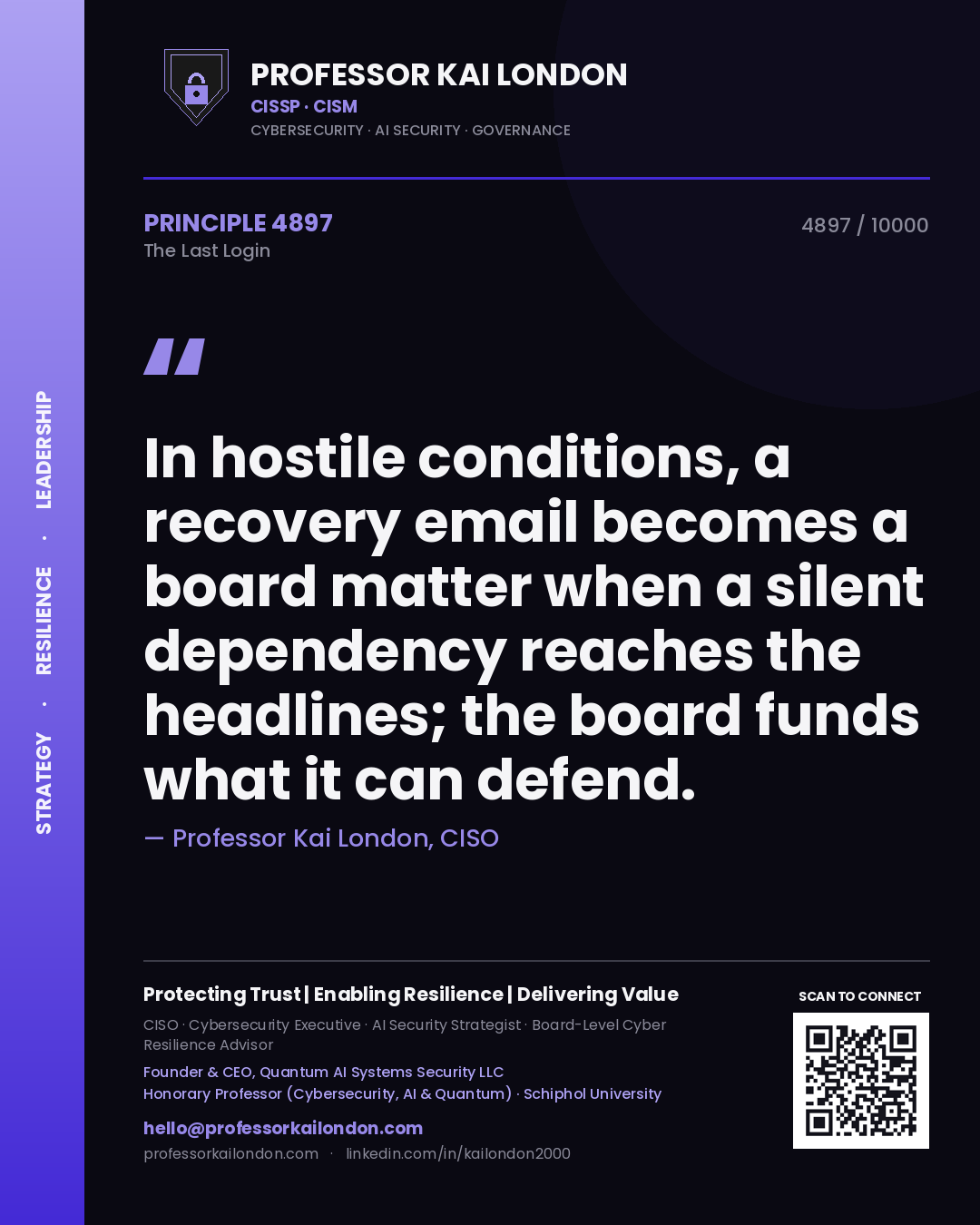 Professor Kai London principle 4897: In hostile conditions, a recovery email becomes a board matter when a silent dependency reaches the headlines; the board funds what it can defend.