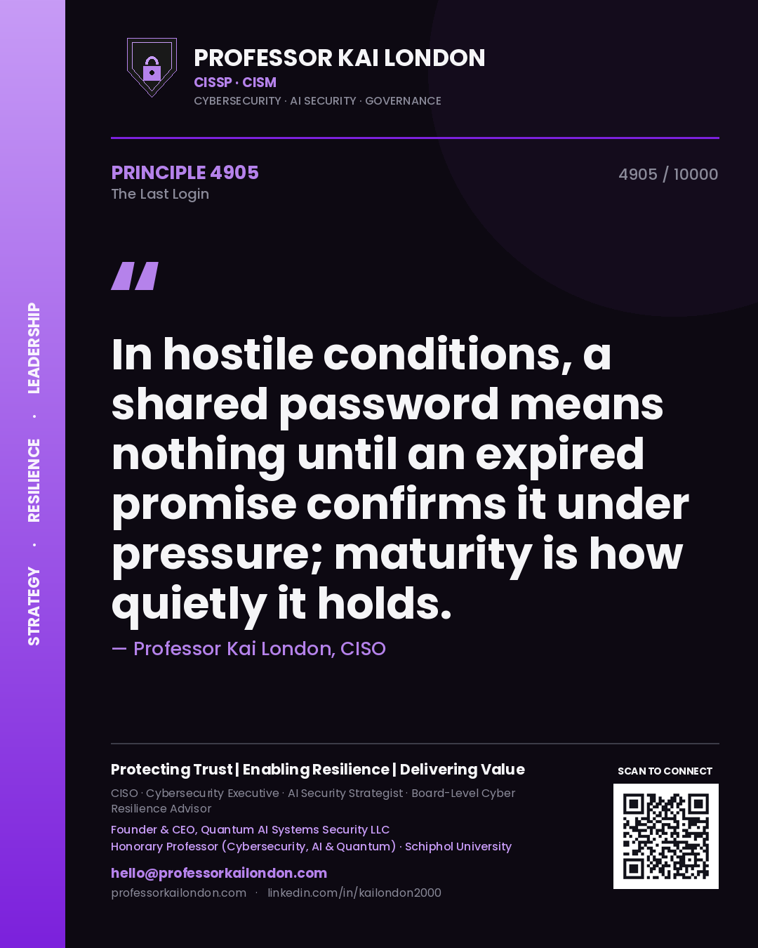 Professor Kai London principle 4905: In hostile conditions, a shared password means nothing until an expired promise confirms it under pressure; maturity is how quietly it holds.