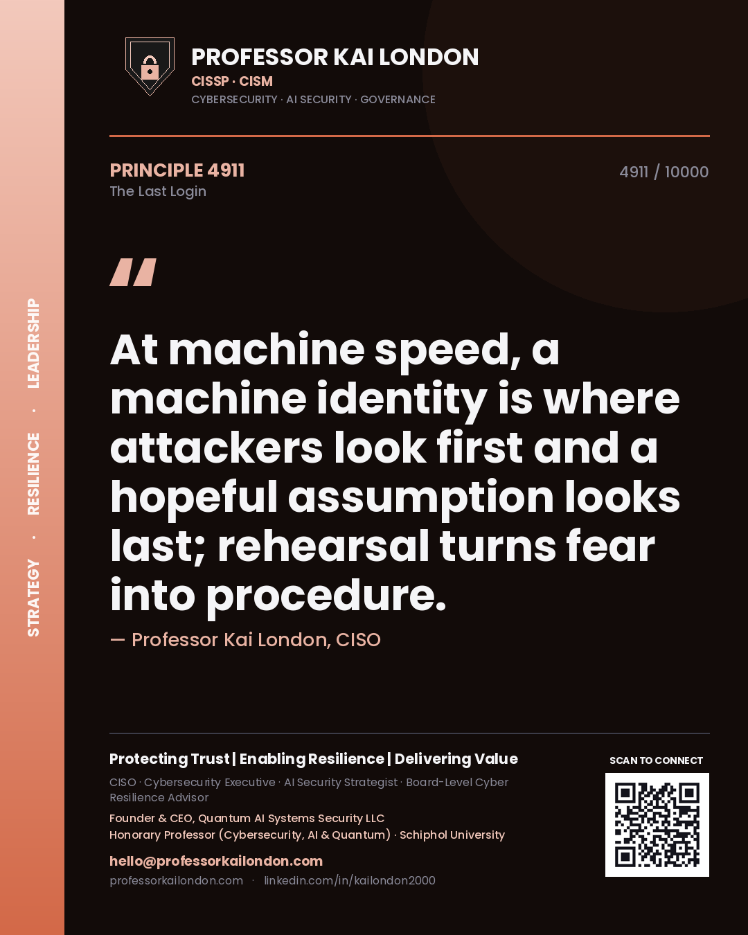Professor Kai London principle 4911: At machine speed, a machine identity is where attackers look first and a hopeful assumption looks last; rehearsal turns fear into procedure.