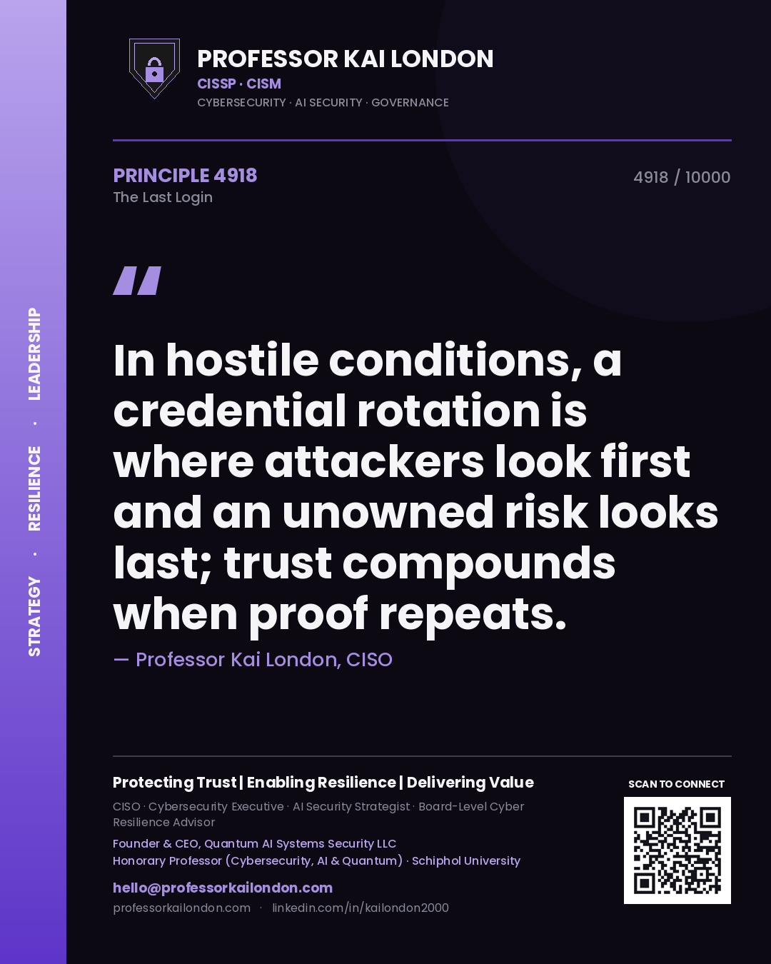 Professor Kai London principle 4918: In hostile conditions, a credential rotation is where attackers look first and an unowned risk looks last; trust compounds when proof repeats.