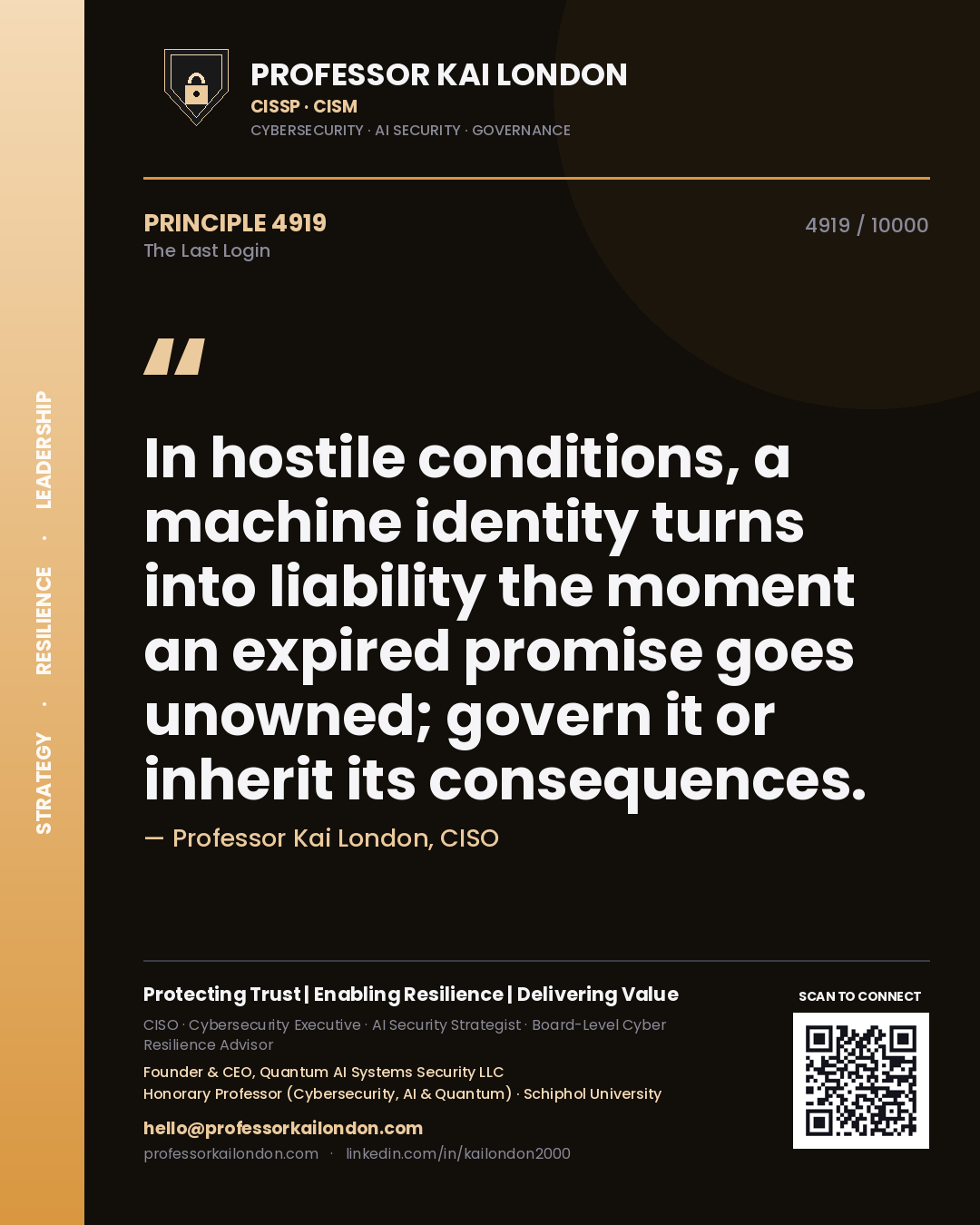 Quote card by Professor Kai London reading 'In hostile conditions, a machine identity turns into liability the moment an expired promise goes unowned; govern it or inherit its consequences.'. From the book The Last Login.