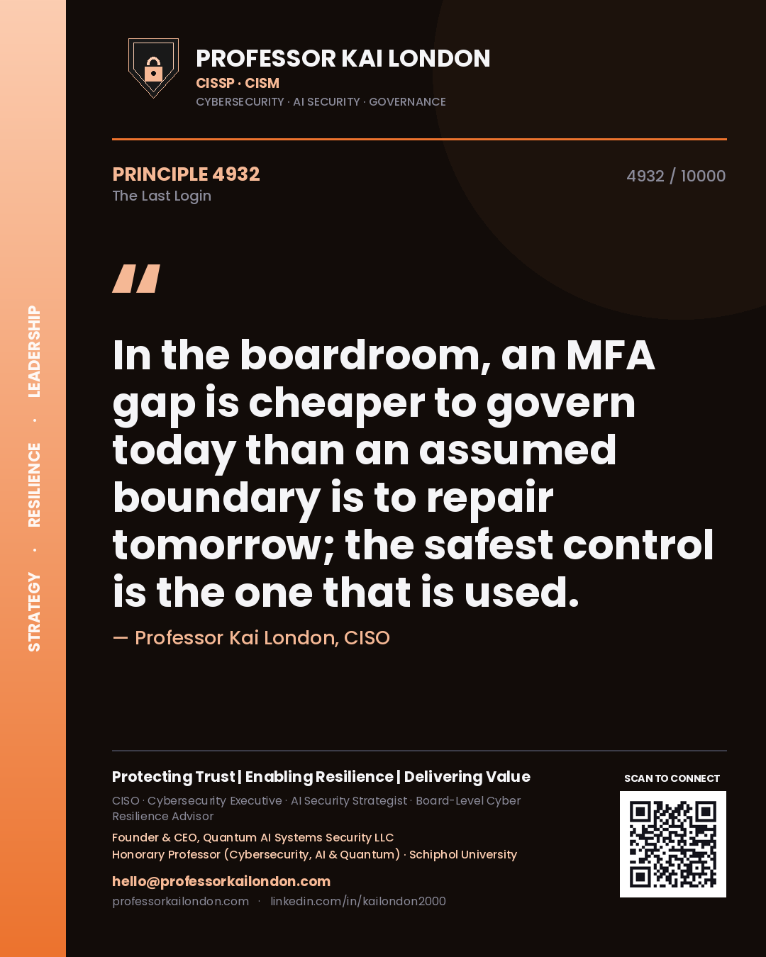 Quote card by Professor Kai London reading 'In the boardroom, an MFA gap is cheaper to govern today than an assumed boundary is to repair tomorrow; the safest control is the one that is used.'. From the book The Last Login.