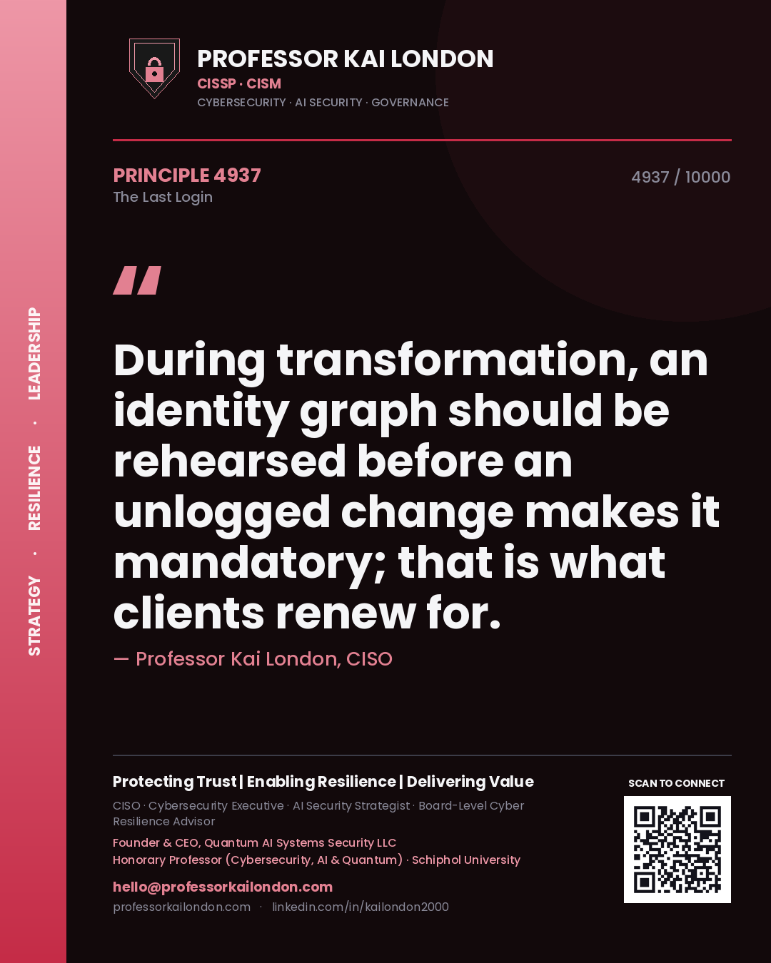 Professor Kai London principle 4937: During transformation, an identity graph should be rehearsed before an unlogged change makes it mandatory; that is what clients renew for.