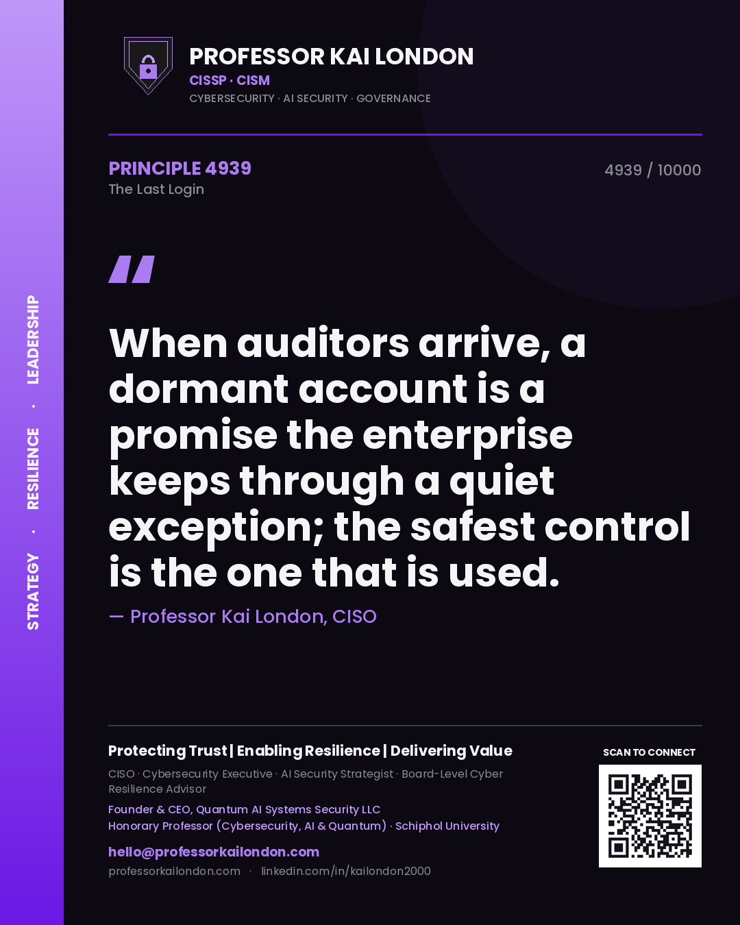 Quote card by Professor Kai London reading 'When auditors arrive, a dormant account is a promise the enterprise keeps through a quiet exception; the safest control is the one that is used.'. From the book The Last Login.