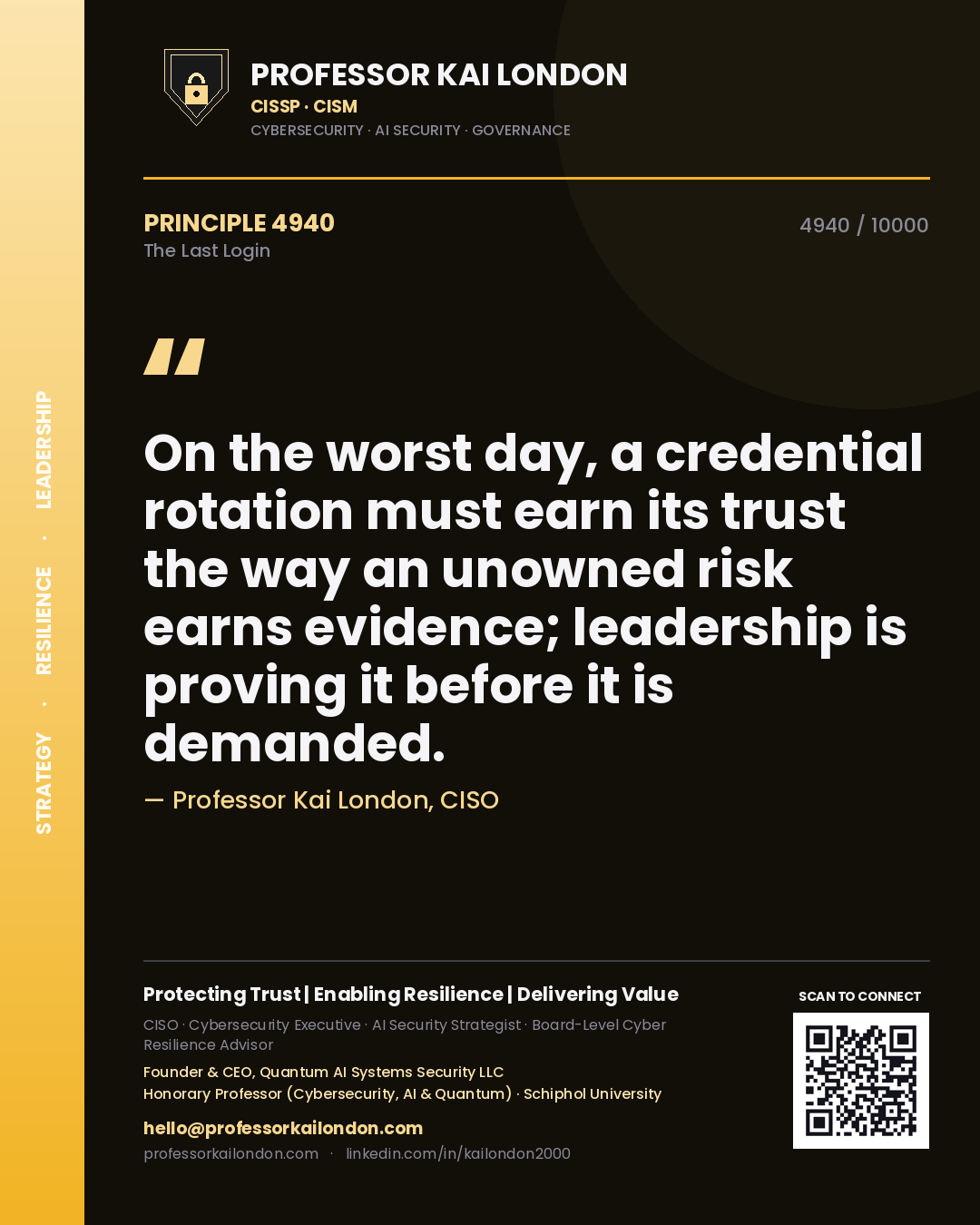Quote card by Professor Kai London reading 'On the worst day, a credential rotation must earn its trust the way an unowned risk earns evidence; leadership is proving it before it is demanded.'. From the book The Last Login.