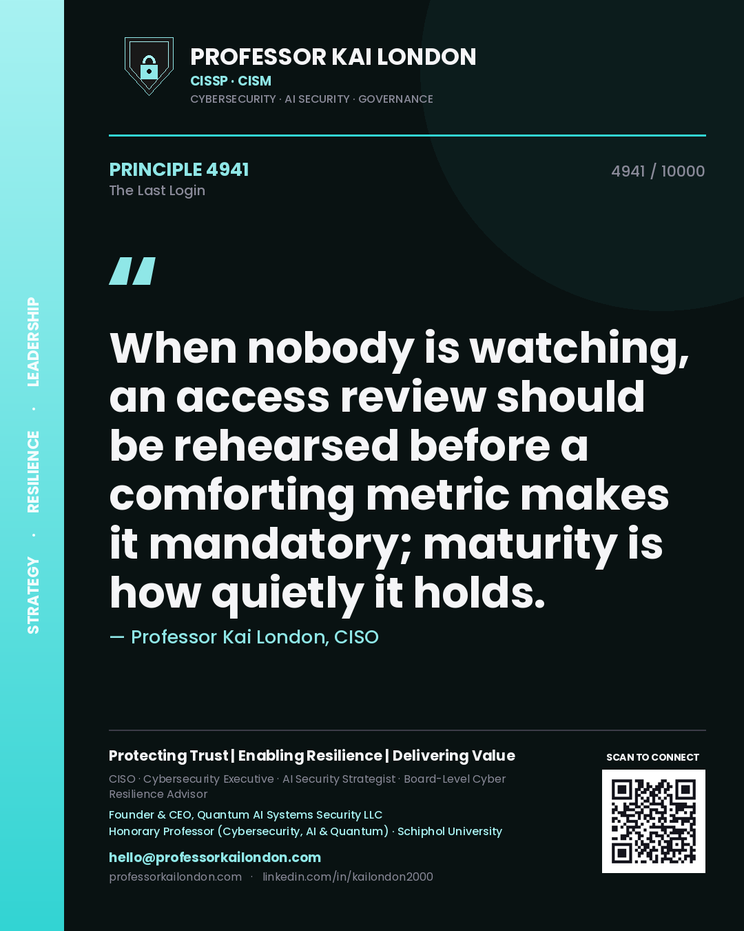 Quote card by Professor Kai London reading 'When nobody is watching, an access review should be rehearsed before a comforting metric makes it mandatory; maturity is how quietly it holds.'. From the book The Last Login.