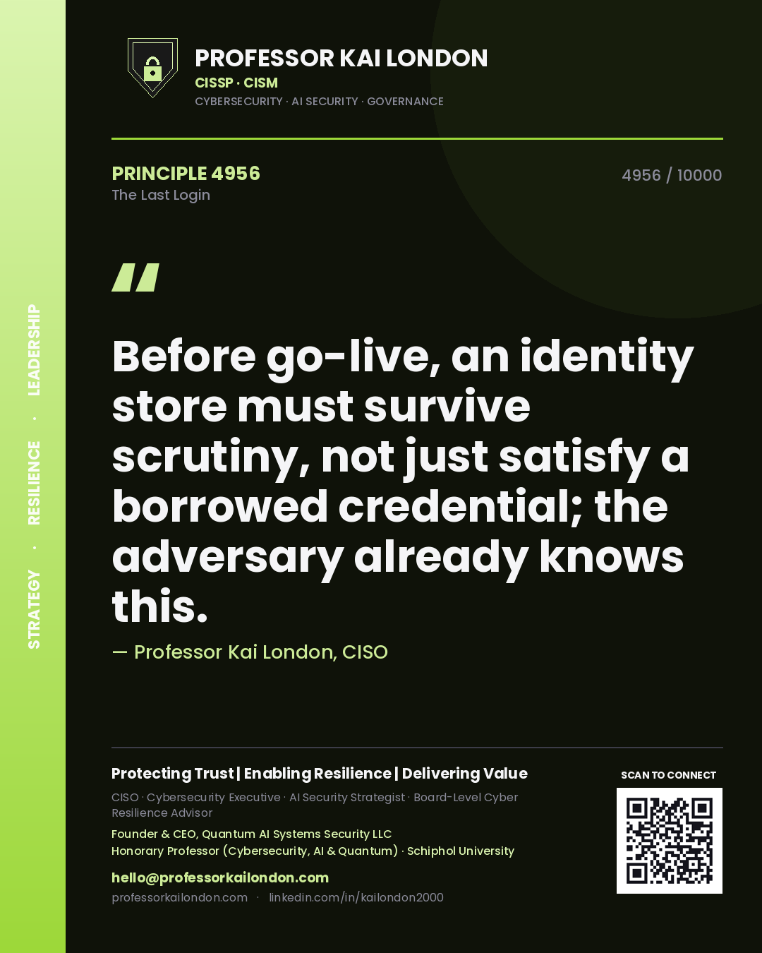 Quote card by Professor Kai London reading 'Before go-live, an identity store must survive scrutiny, not just satisfy a borrowed credential; the adversary already knows this.'. From the book The Last Login.