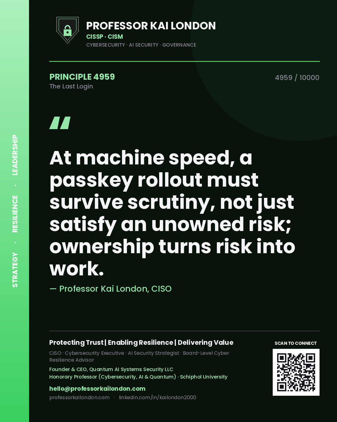 Professor Kai London principle 4959: At machine speed, a passkey rollout must survive scrutiny, not just satisfy an unowned risk; ownership turns risk into work.