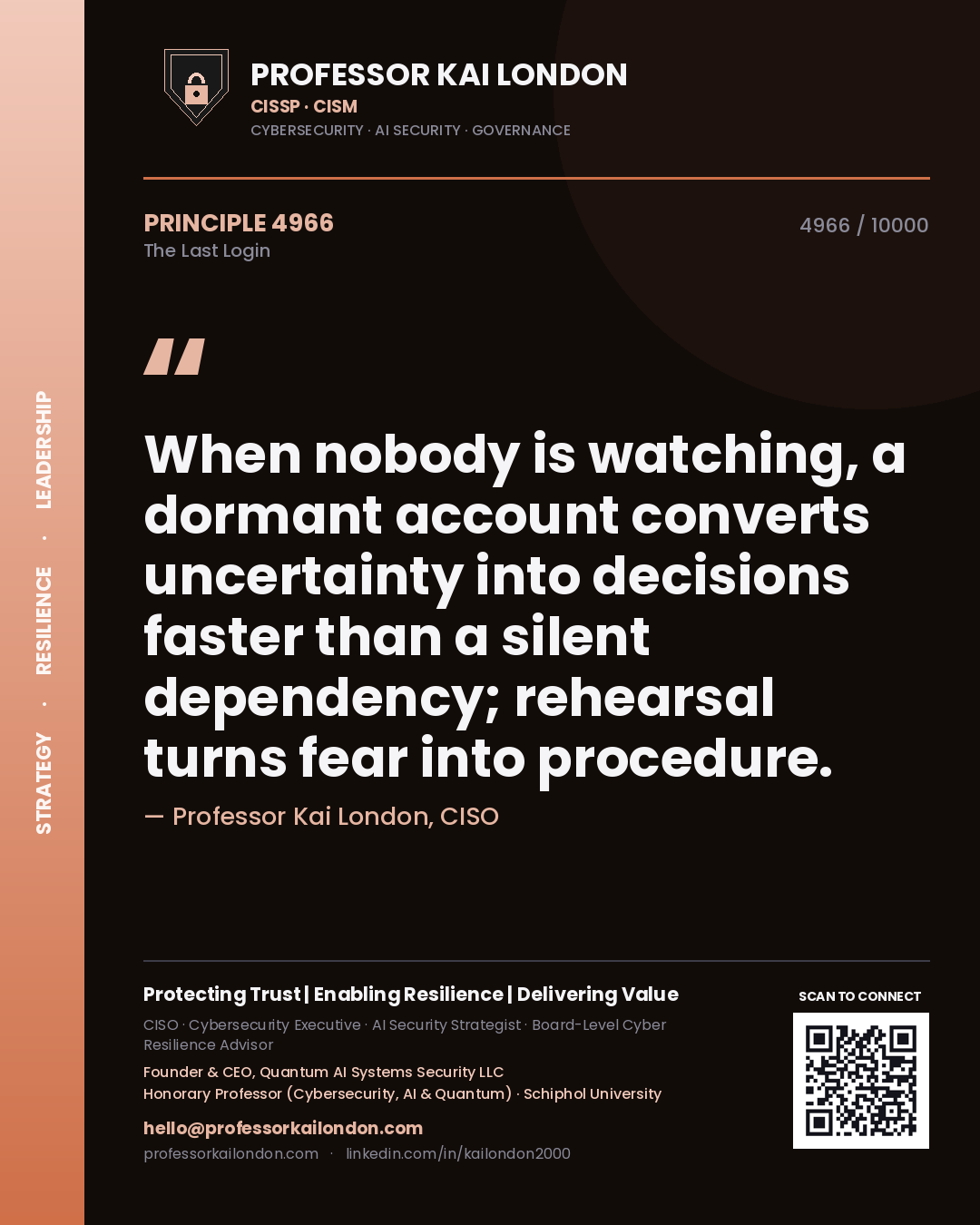 Professor Kai London principle 4966: When nobody is watching, a dormant account converts uncertainty into decisions faster than a silent dependency; rehearsal turns fear into procedure.