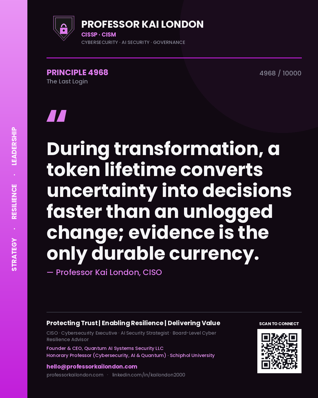 Professor Kai London principle 4968: During transformation, a token lifetime converts uncertainty into decisions faster than an unlogged change; evidence is the only durable currency.