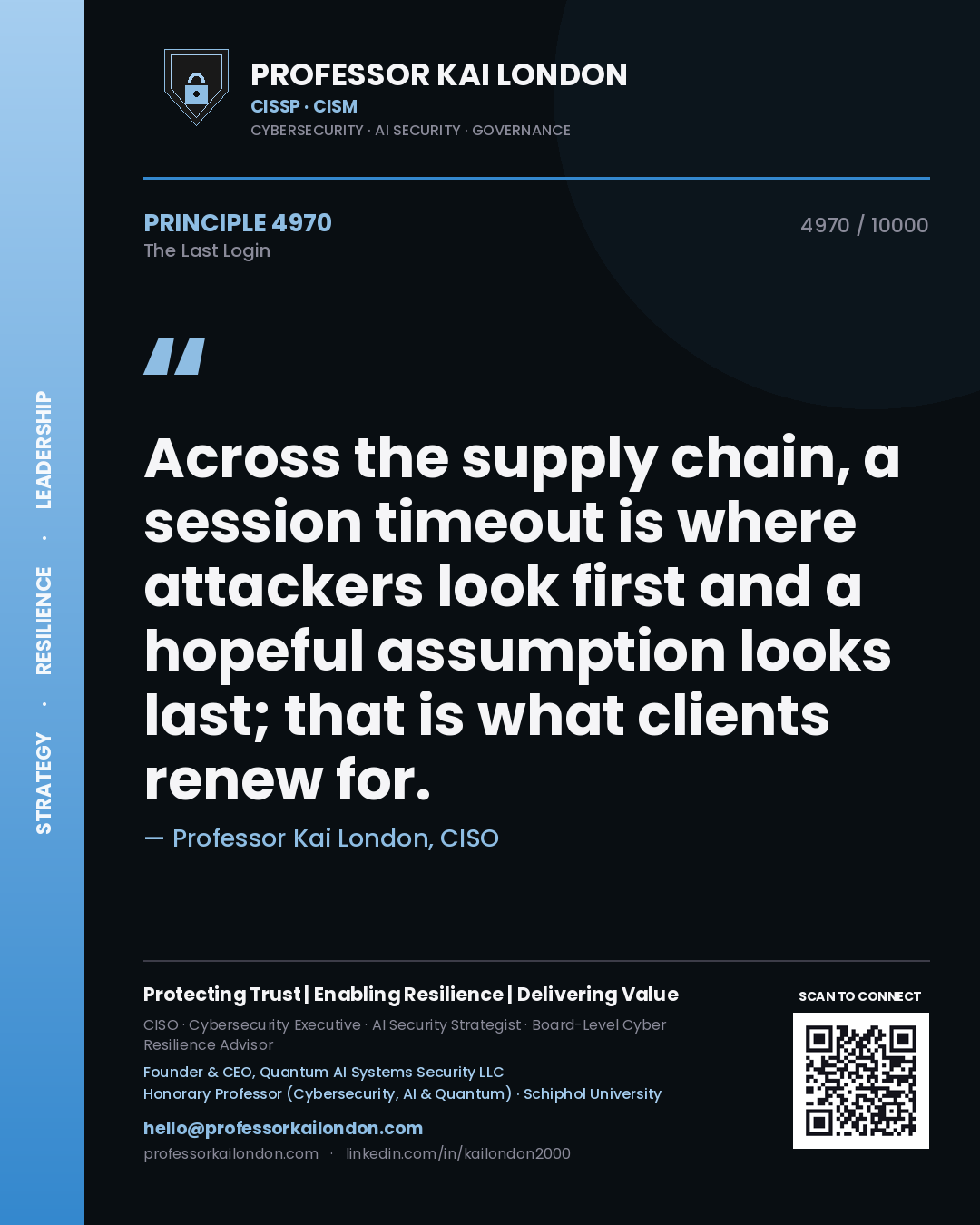 Professor Kai London principle 4970: Across the supply chain, a session timeout is where attackers look first and a hopeful assumption looks last; that is what clients renew for.