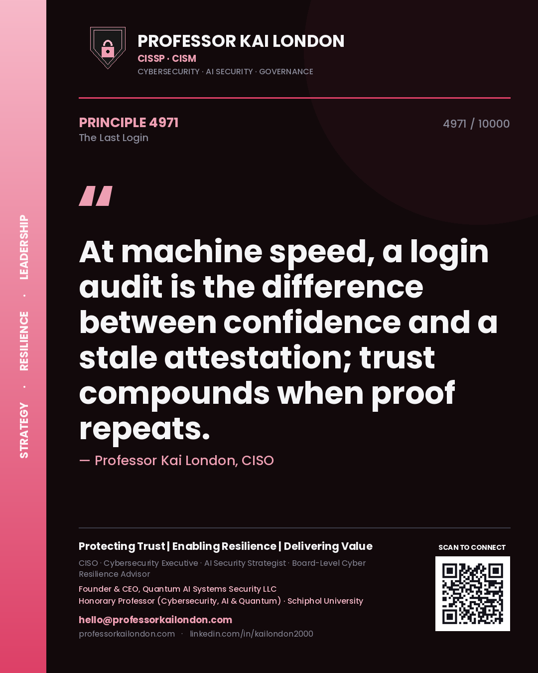 Professor Kai London principle 4971: At machine speed, a login audit is the difference between confidence and a stale attestation; trust compounds when proof repeats.