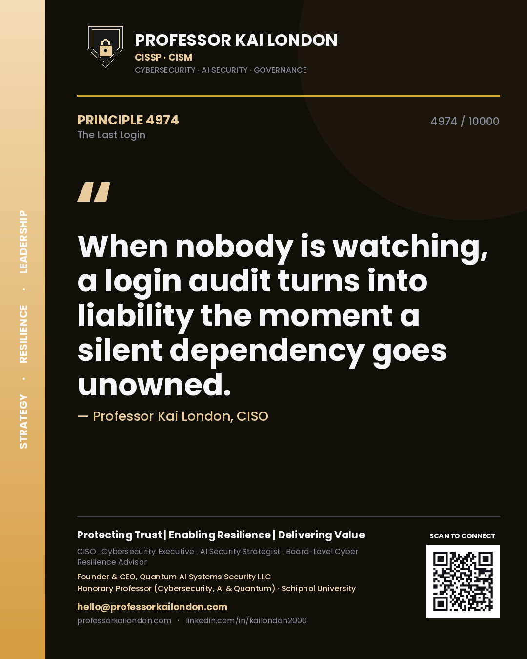 Professor Kai London principle 4974: When nobody is watching, a login audit turns into liability the moment a silent dependency goes unowned.