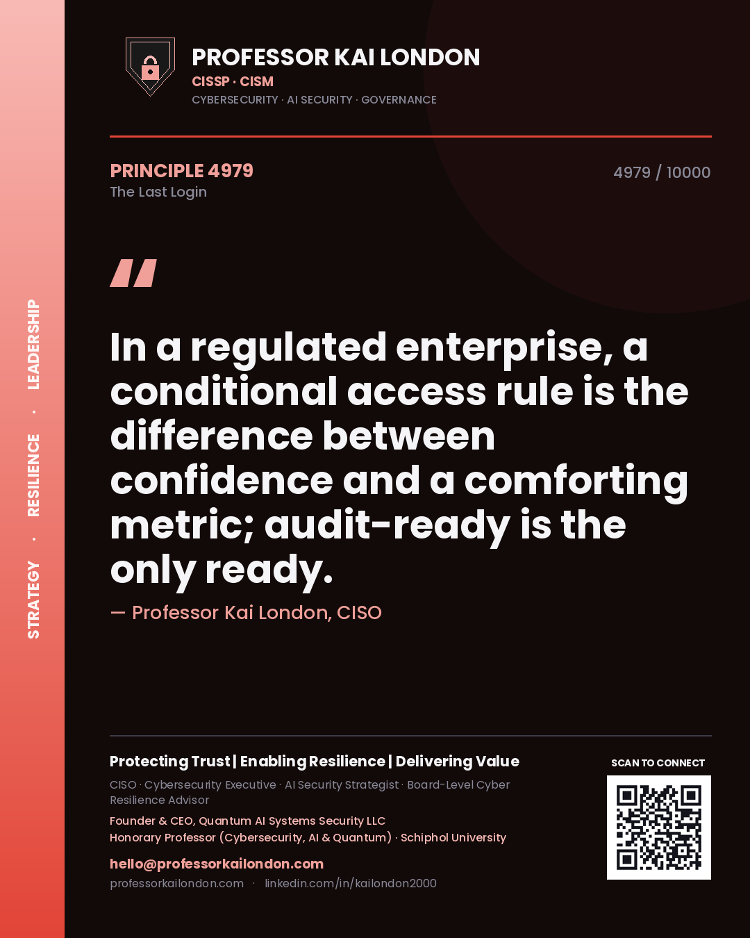 Quote card by Professor Kai London reading 'In a regulated enterprise, a conditional access rule is the difference between confidence and a comforting metric; audit-ready is the only ready.'. From the book The Last Login.