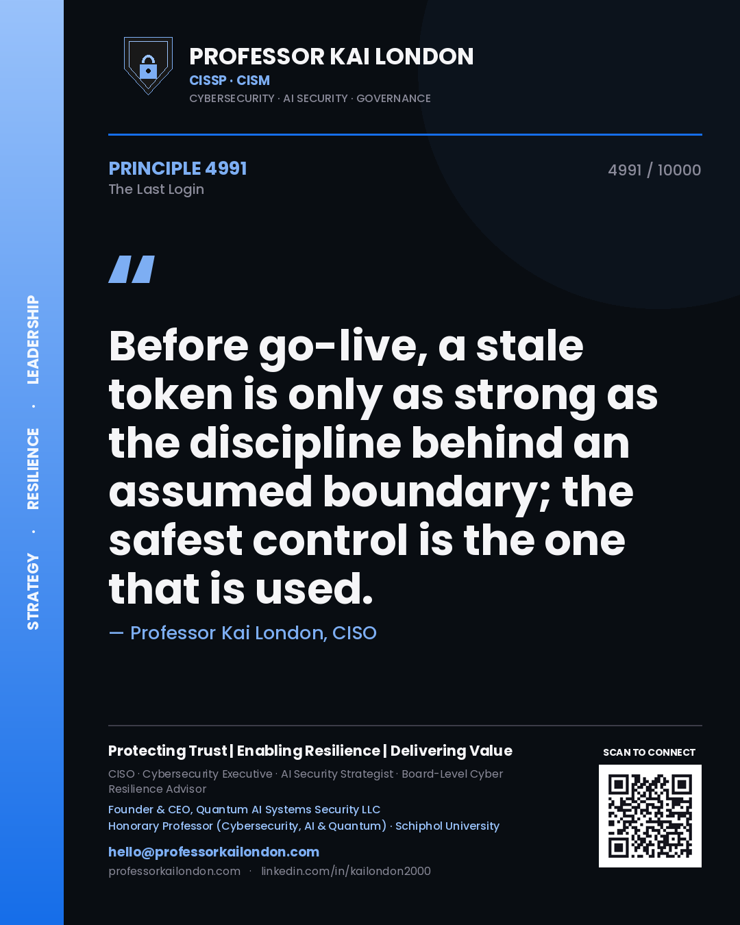 Professor Kai London principle 4991: Before go-live, a stale token is only as strong as the discipline behind an assumed boundary; the safest control is the one that is used.