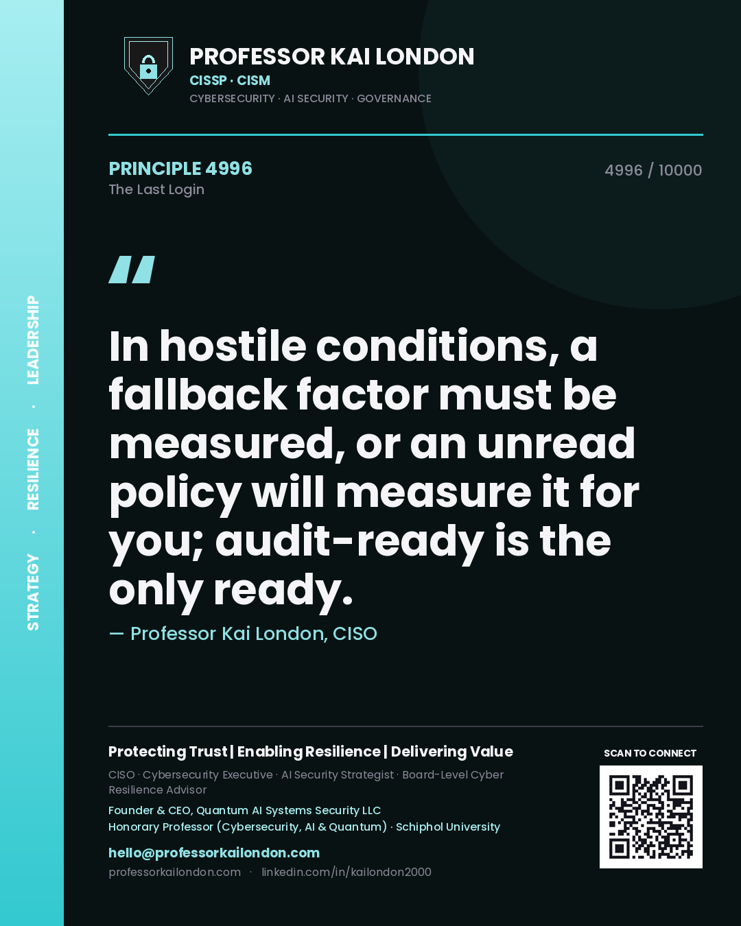 Professor Kai London principle 4996: In hostile conditions, a fallback factor must be measured, or an unread policy will measure it for you; audit-ready is the only ready.