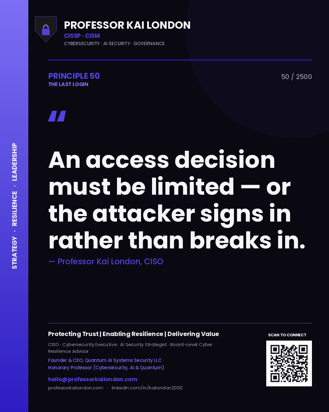 Professor Kai London principle 50: An access decision must be limited — or the attacker signs in rather than breaks in.