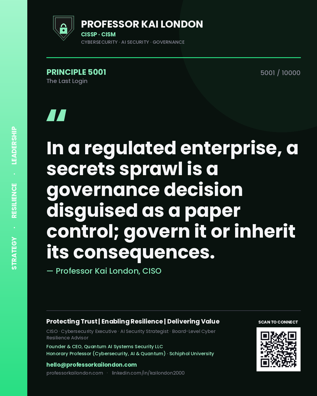 Professor Kai London principle 5001: In a regulated enterprise, a secrets sprawl is a governance decision disguised as a paper control; govern it or inherit its consequences.