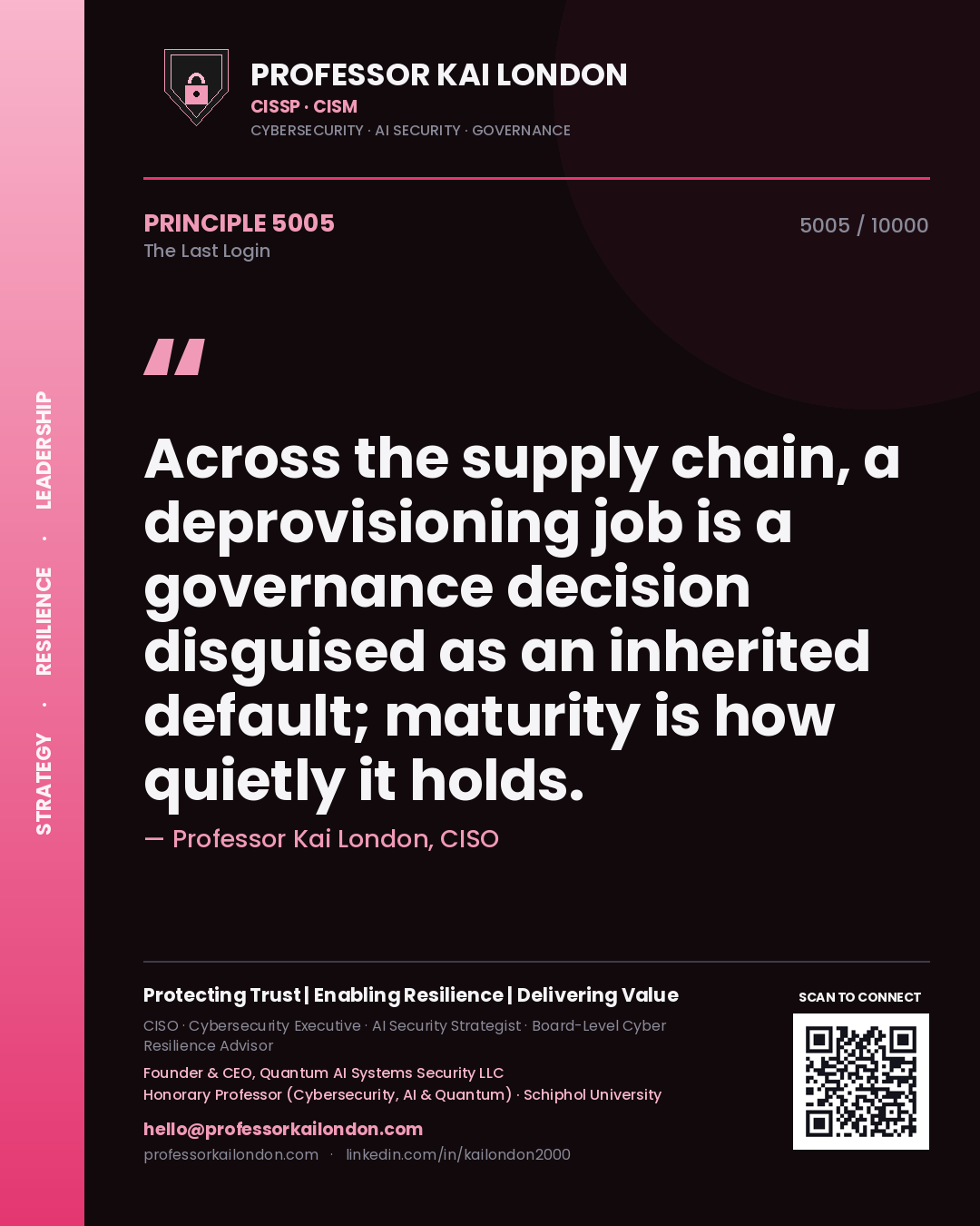 Professor Kai London principle 5005: Across the supply chain, a deprovisioning job is a governance decision disguised as an inherited default; maturity is how quietly it holds.