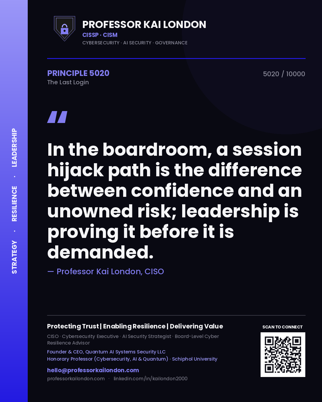 Professor Kai London principle 5020: In the boardroom, a session hijack path is the difference between confidence and an unowned risk; leadership is proving it before it is demanded.