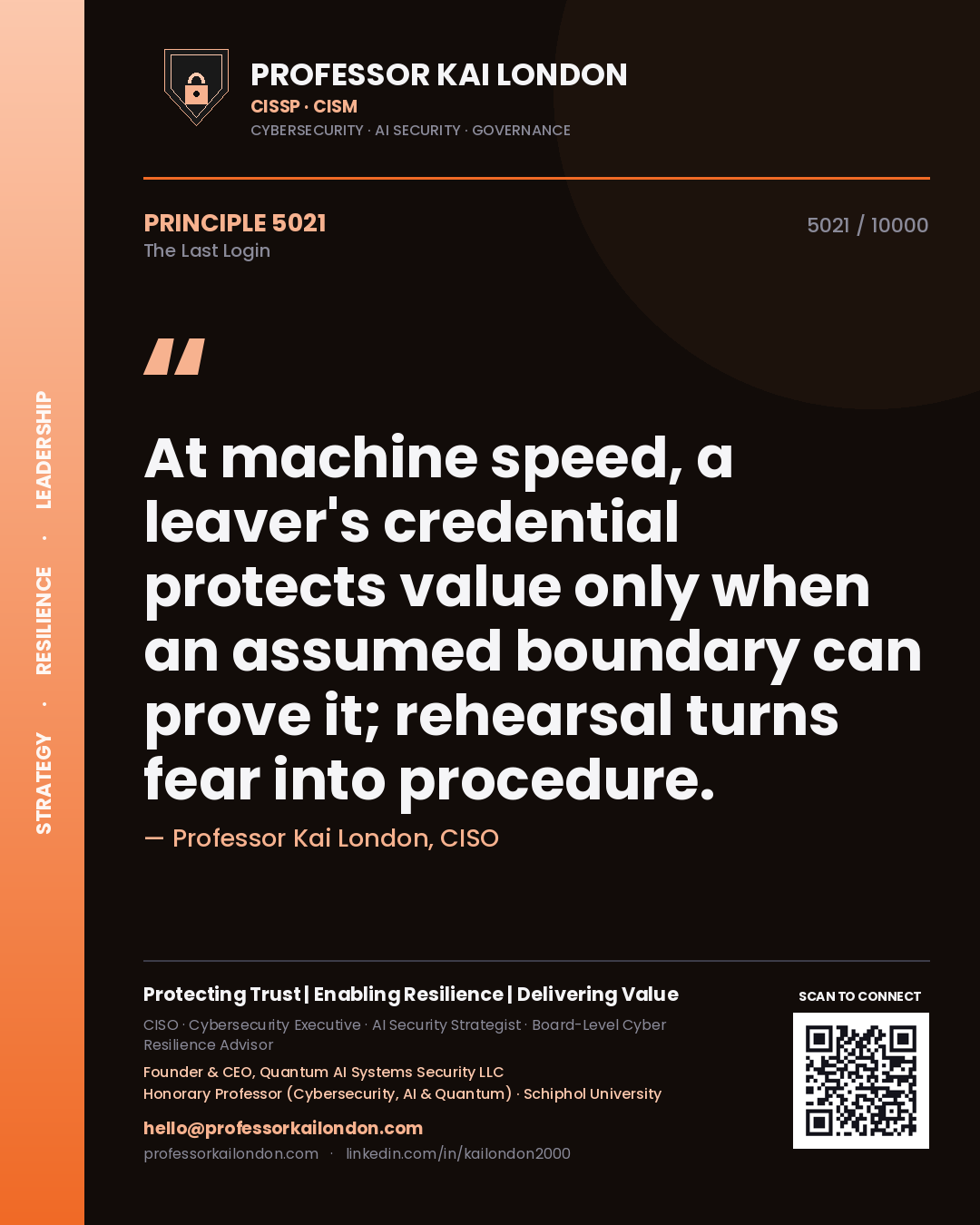 Professor Kai London principle 5021: At machine speed, a leaver's credential protects value only when an assumed boundary can prove it; rehearsal turns fear into procedure.