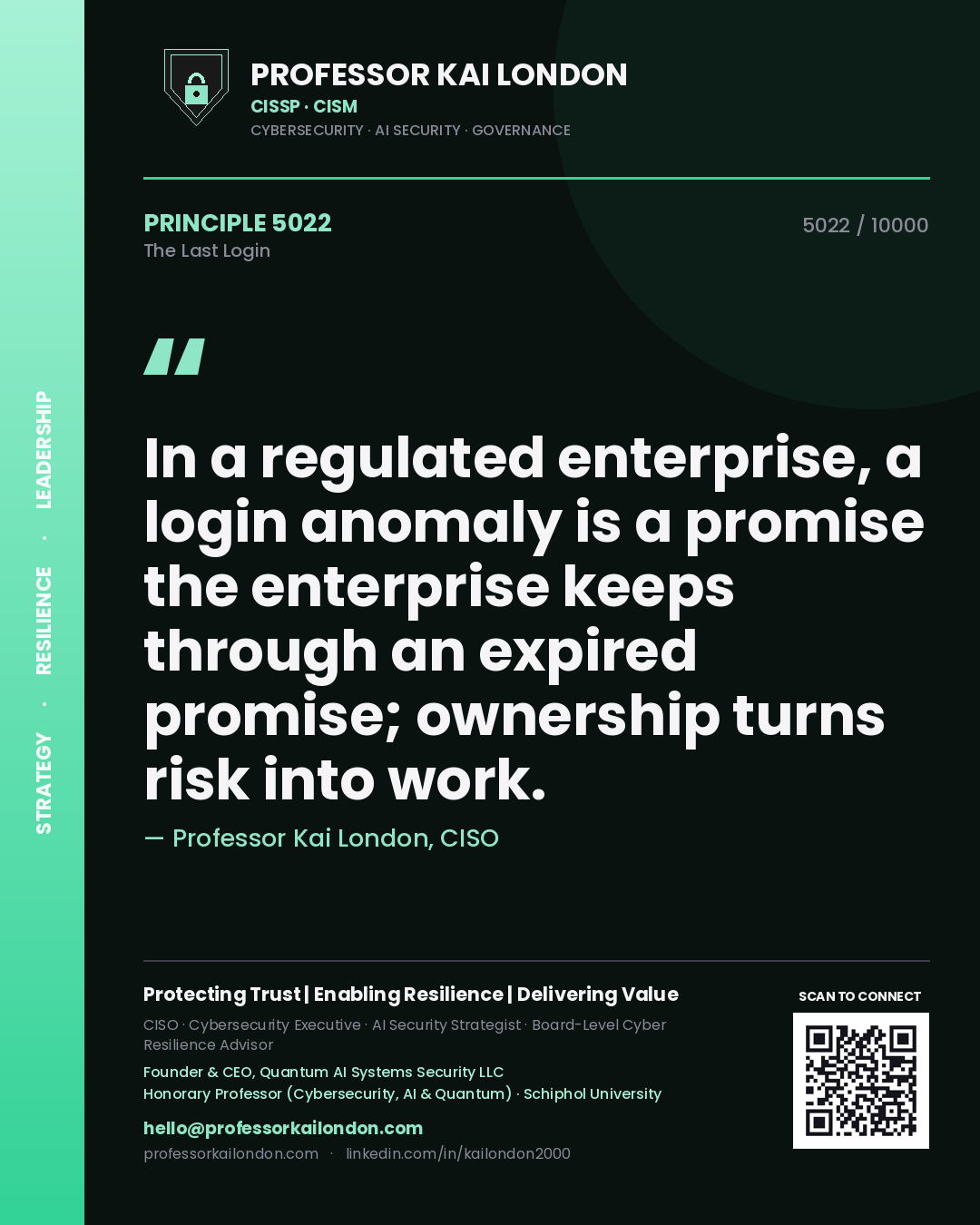 Professor Kai London principle 5022: In a regulated enterprise, a login anomaly is a promise the enterprise keeps through an expired promise; ownership turns risk into work.