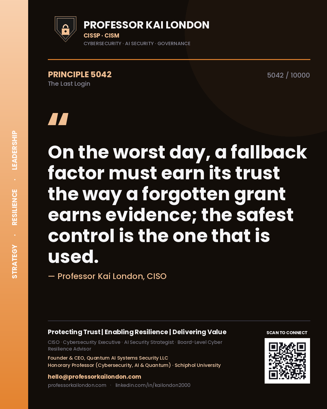 Quote card by Professor Kai London reading 'On the worst day, a fallback factor must earn its trust the way a forgotten grant earns evidence; the safest control is the one that is used.'. From the book The Last Login.