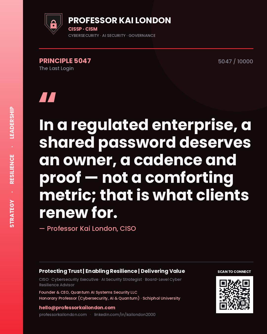 Professor Kai London principle 5047: In a regulated enterprise, a shared password deserves an owner, a cadence and proof — not a comforting metric; that is what clients renew for.