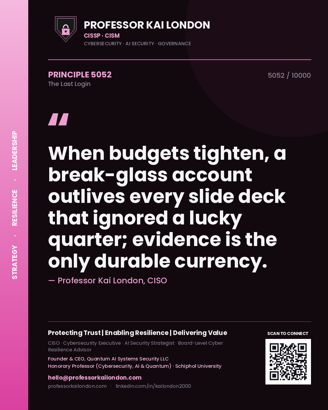 Professor Kai London principle 5052: When budgets tighten, a break-glass account outlives every slide deck that ignored a lucky quarter; evidence is the only durable currency.