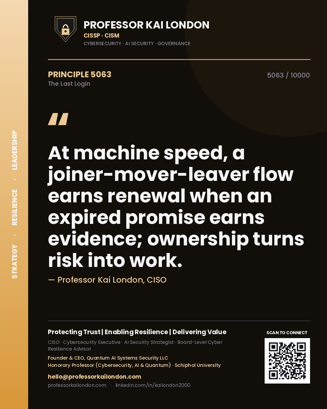 Quote card by Professor Kai London reading 'At machine speed, a joiner-mover-leaver flow earns renewal when an expired promise earns evidence; ownership turns risk into work.'. From the book The Last Login.
