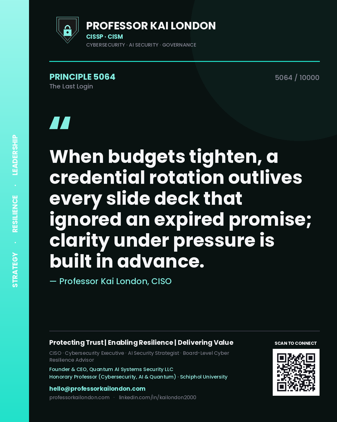 Quote card by Professor Kai London reading 'When budgets tighten, a credential rotation outlives every slide deck that ignored an expired promise; clarity under pressure is built in advance.'. From the book The Last Login.