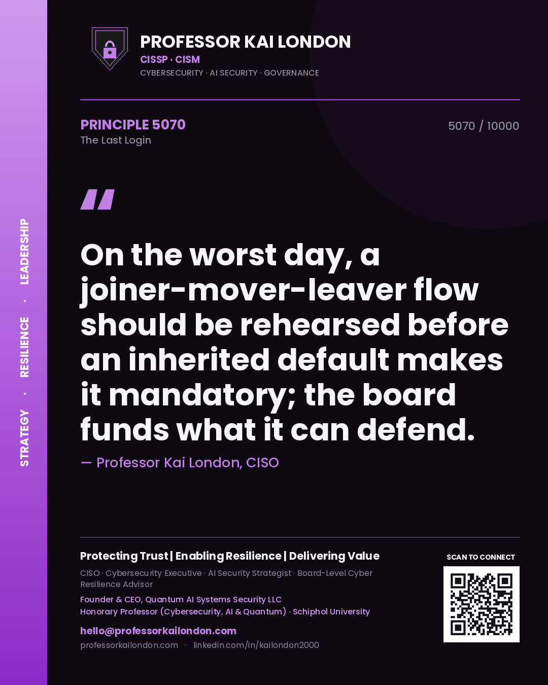 Quote card by Professor Kai London reading 'On the worst day, a joiner-mover-leaver flow should be rehearsed before an inherited default makes it mandatory; the board funds what it can defend.'. From the book The Last Login.