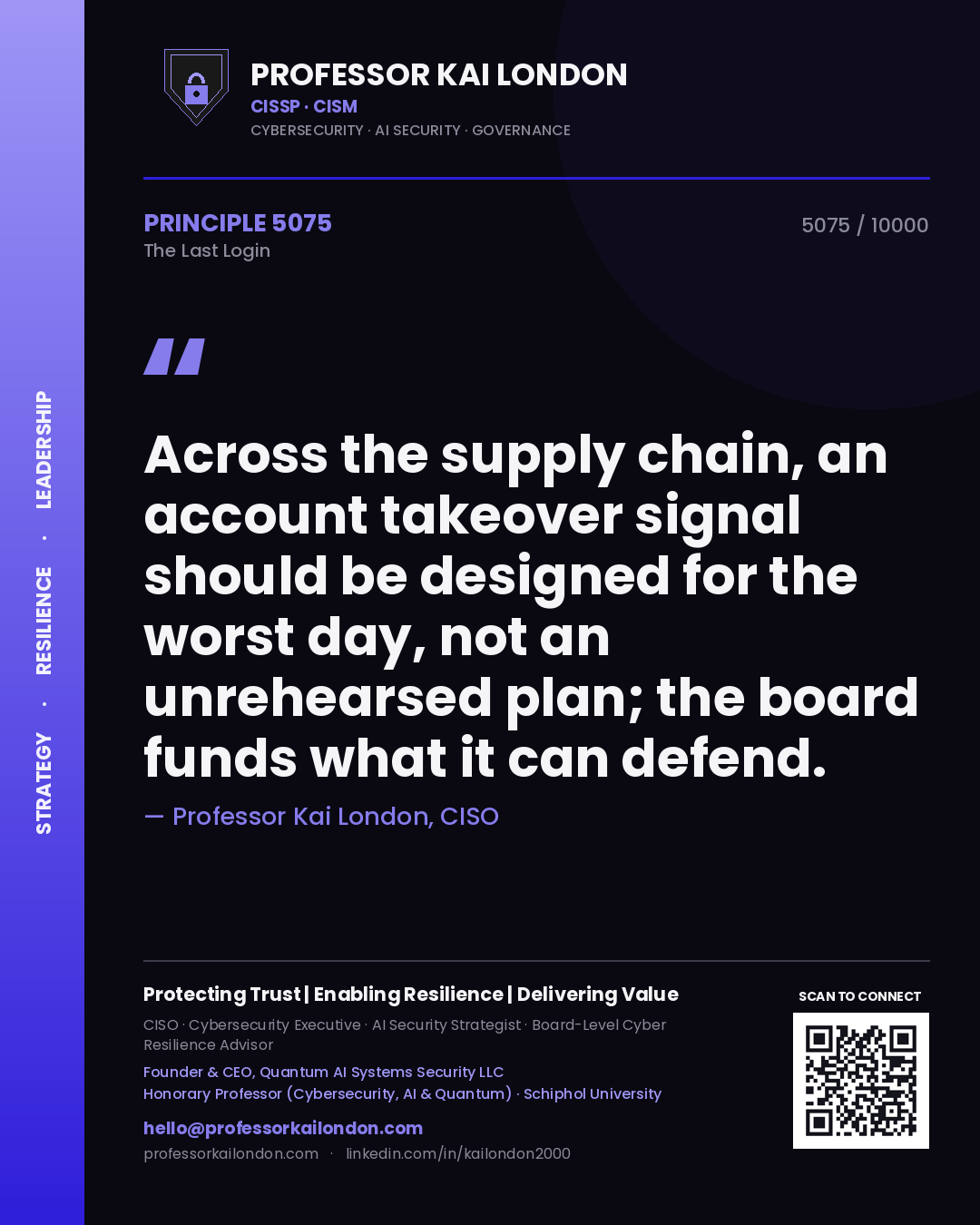 Quote card by Professor Kai London reading 'Across the supply chain, an account takeover signal should be designed for the worst day, not an unrehearsed plan; the board funds what it can defend.'. From the book The Last Login.