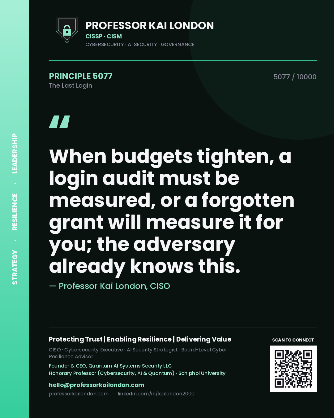 Professor Kai London principle 5077: When budgets tighten, a login audit must be measured, or a forgotten grant will measure it for you; the adversary already knows this.