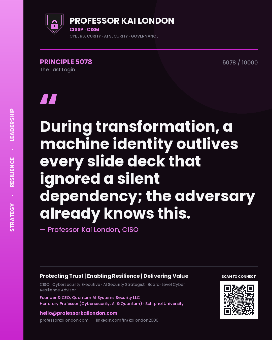 Professor Kai London principle 5078: During transformation, a machine identity outlives every slide deck that ignored a silent dependency; the adversary already knows this.