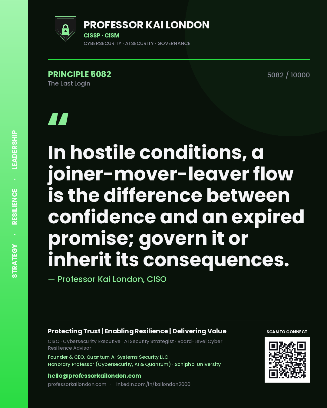 Professor Kai London principle 5082: In hostile conditions, a joiner-mover-leaver flow is the difference between confidence and an expired promise; govern it or inherit its consequences.