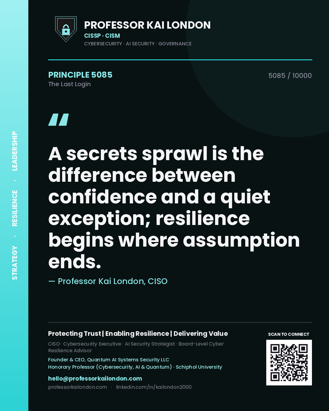 Quote card by Professor Kai London reading 'A secrets sprawl is the difference between confidence and a quiet exception; resilience begins where assumption ends.'. From the book The Last Login.