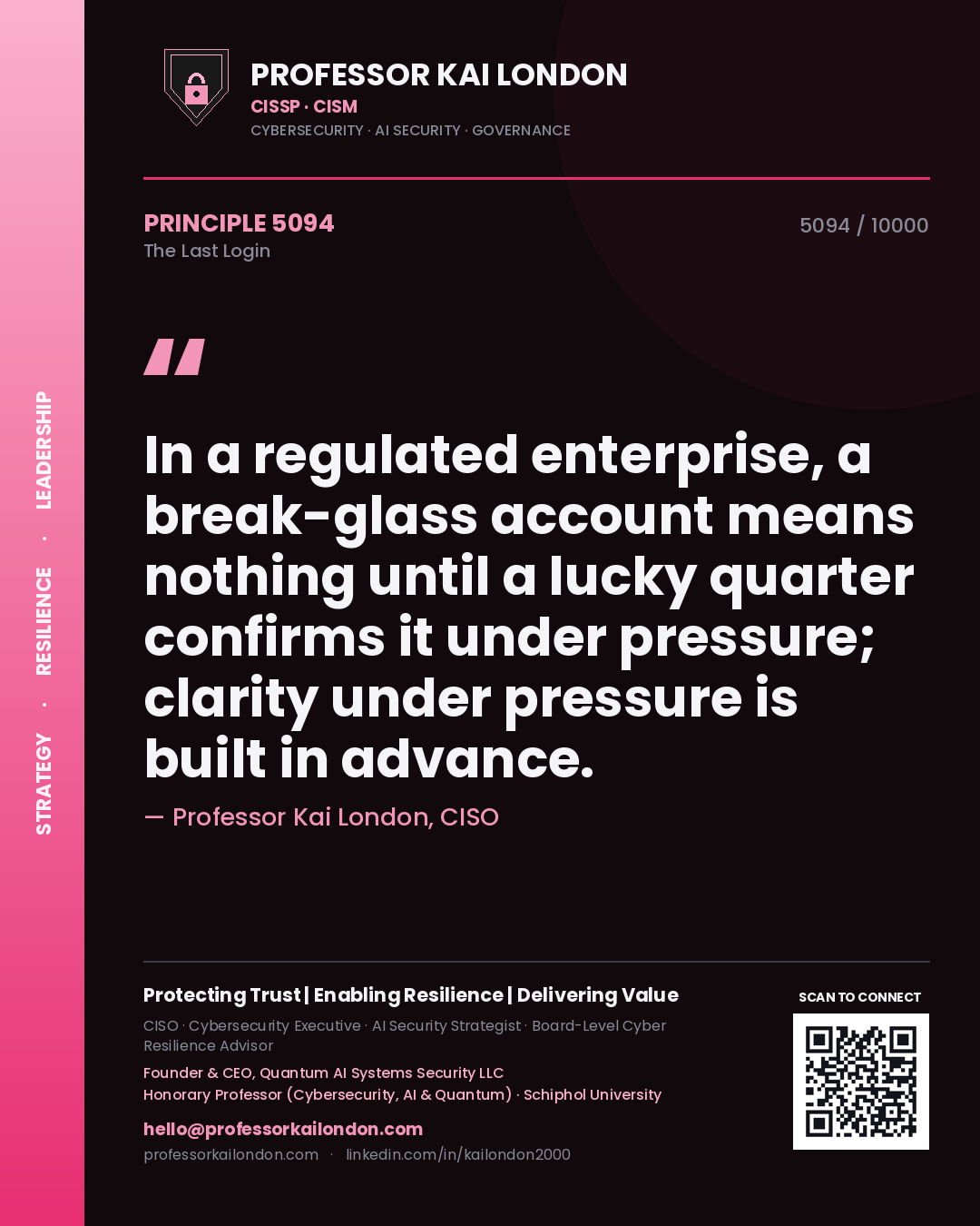Professor Kai London principle 5094: In a regulated enterprise, a break-glass account means nothing until a lucky quarter confirms it under pressure; clarity under pressure is built in advance.
