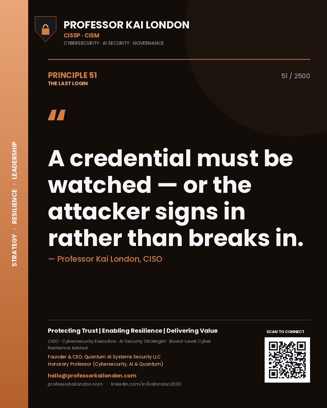 Professor Kai London principle 51: A credential must be watched — or the attacker signs in rather than breaks in.
