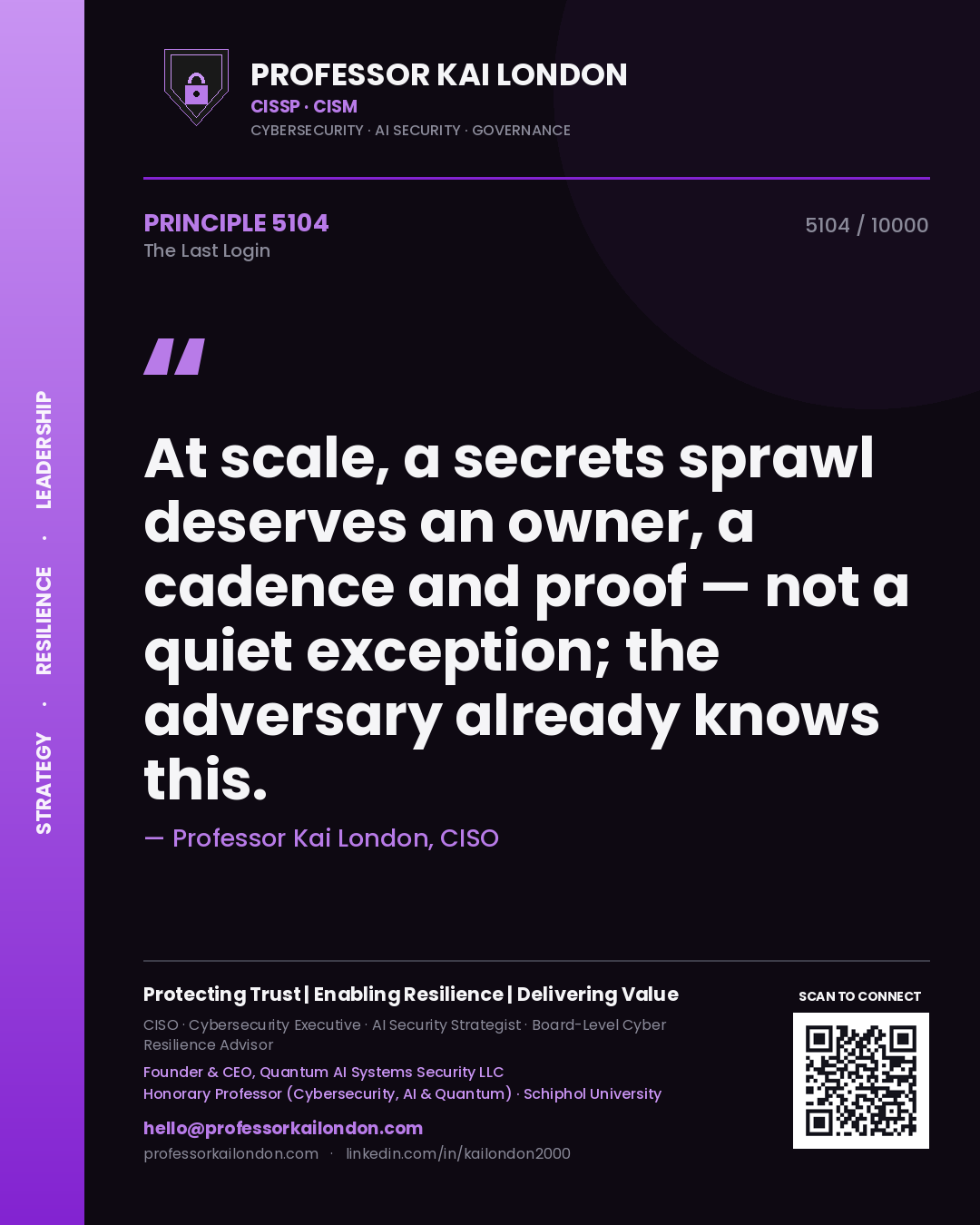Quote card by Professor Kai London reading 'At scale, a secrets sprawl deserves an owner, a cadence and proof — not a quiet exception; the adversary already knows this.'. From the book The Last Login.