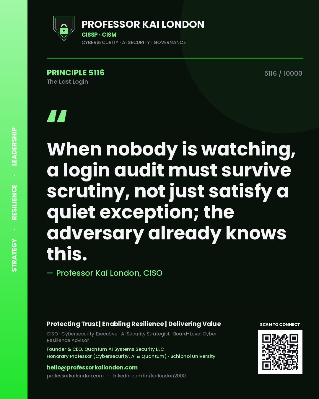 Quote card by Professor Kai London reading 'When nobody is watching, a login audit must survive scrutiny, not just satisfy a quiet exception; the adversary already knows this.'. From the book The Last Login.