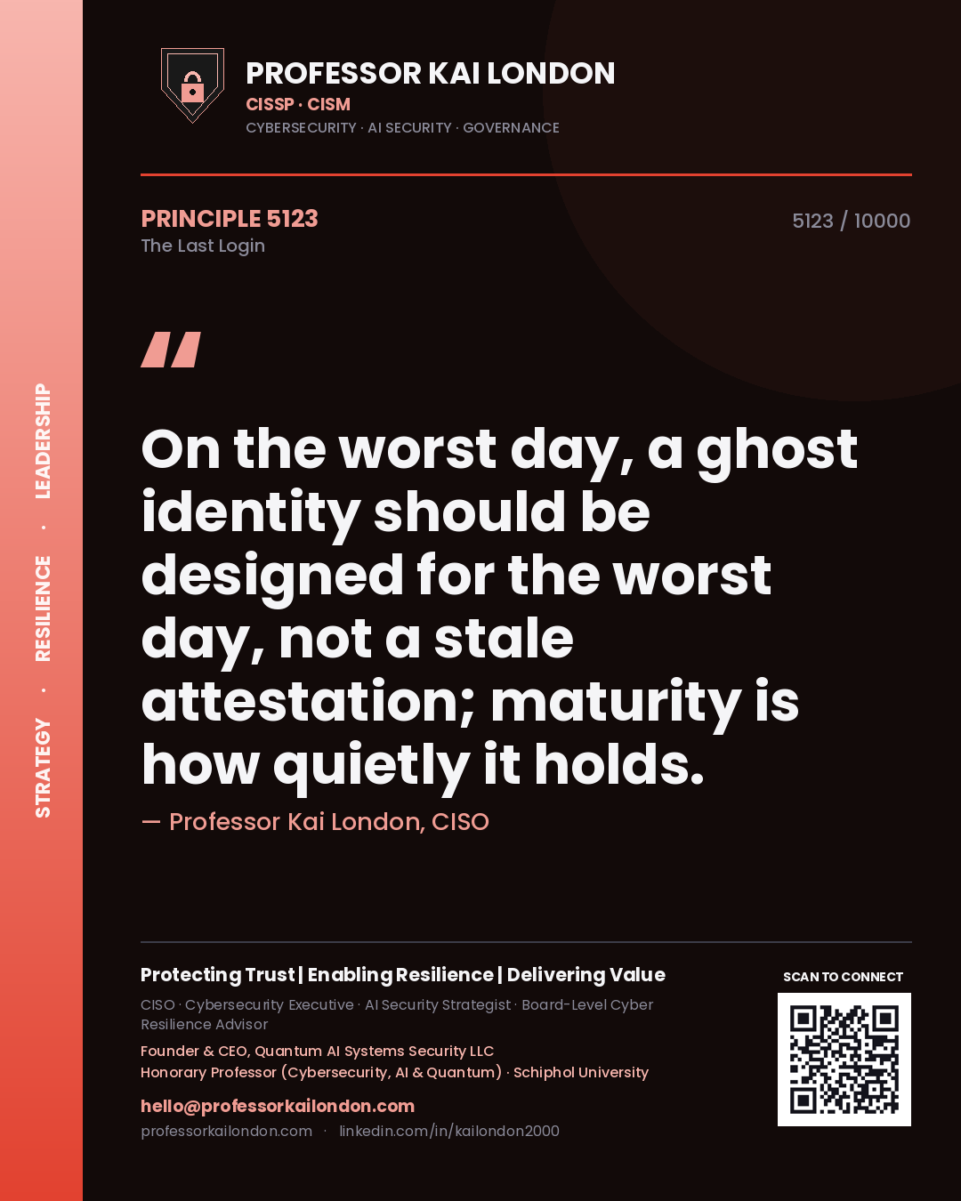 Professor Kai London principle 5123: On the worst day, a ghost identity should be designed for the worst day, not a stale attestation; maturity is how quietly it holds.