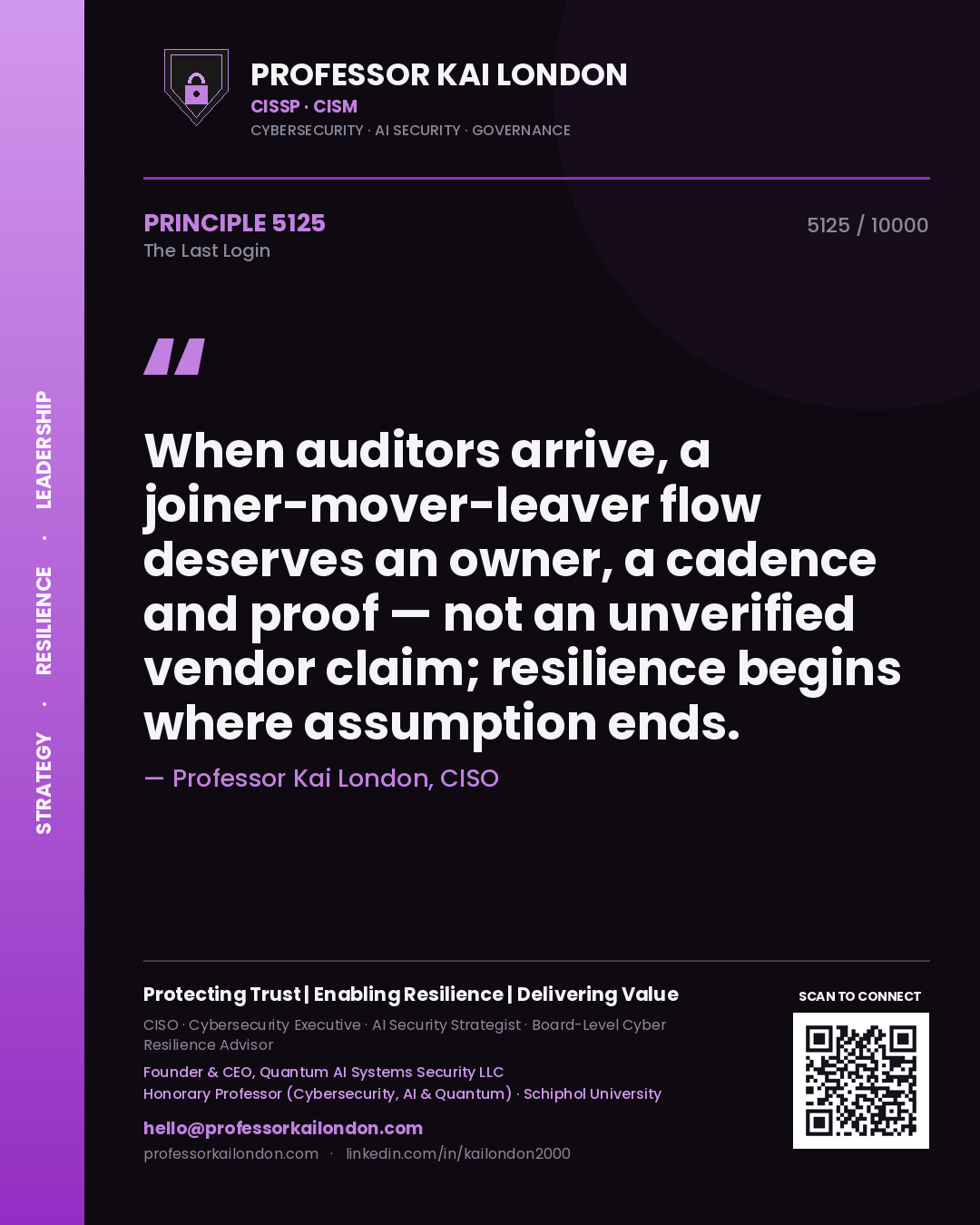 Professor Kai London principle 5125: When auditors arrive, a joiner-mover-leaver flow deserves an owner, a cadence and proof — not an unverified vendor claim; resilience begins where assumption ends.