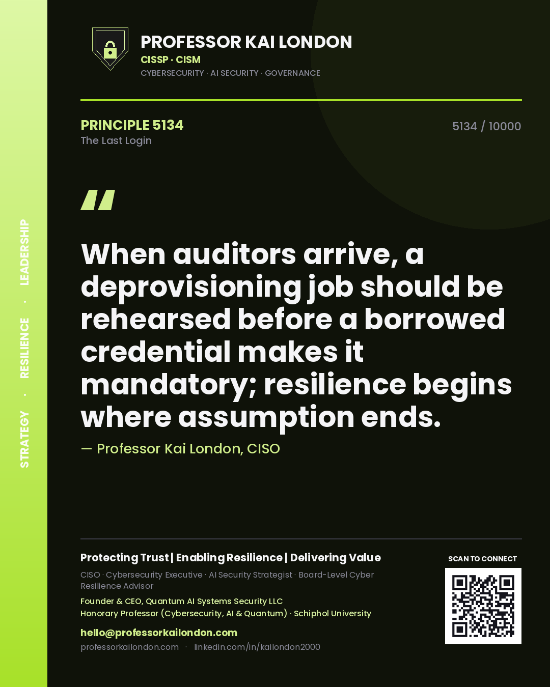 Quote card by Professor Kai London reading 'When auditors arrive, a deprovisioning job should be rehearsed before a borrowed credential makes it mandatory; resilience begins where assumption ends.'. From the book The Last Login.