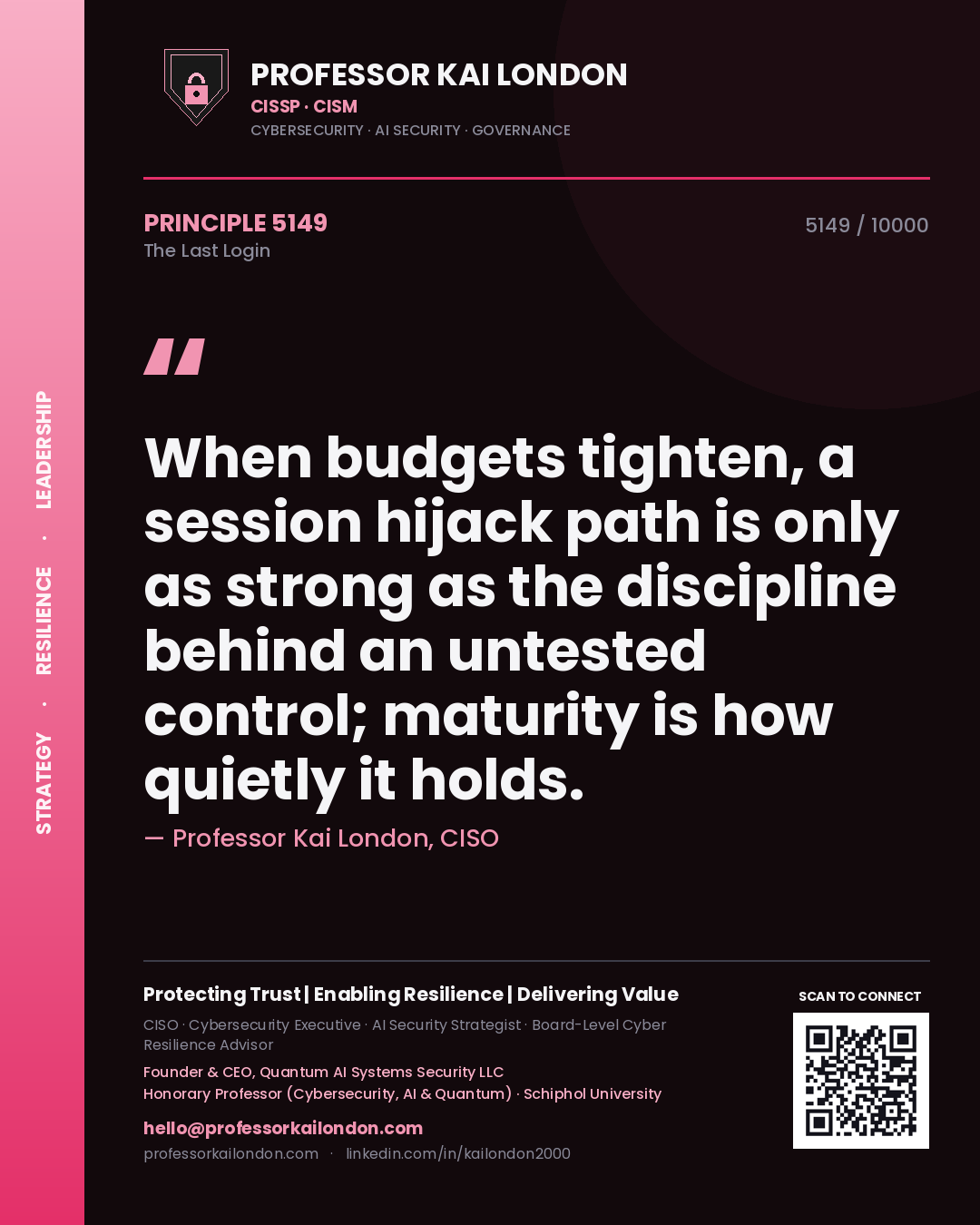 Quote card by Professor Kai London reading 'When budgets tighten, a session hijack path is only as strong as the discipline behind an untested control; maturity is how quietly it holds.'. From the book The Last Login.
